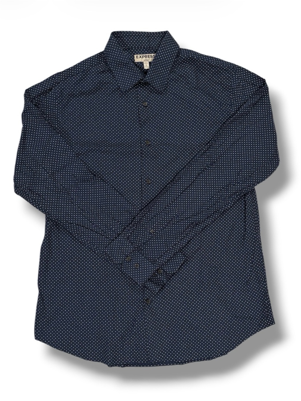 Express Men Fitted Button Down Shirt Navy Blue Polka Dot LG 16-16.5 Long Sleeve